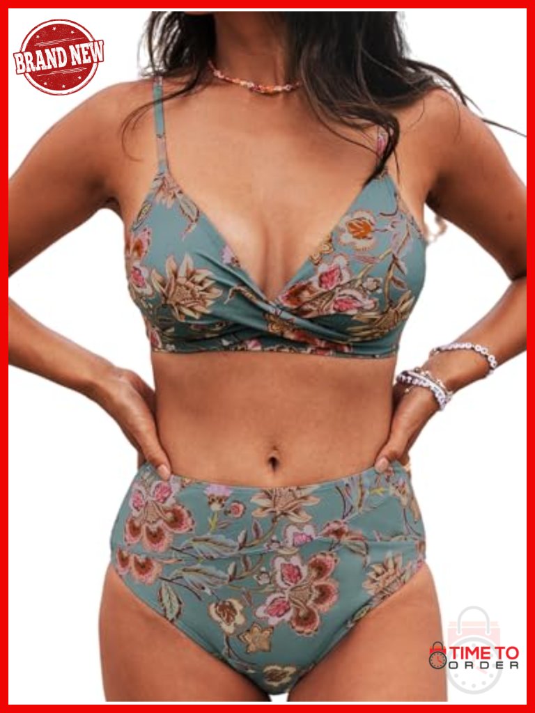 High Waisted Bikini Set V Neck Twist Front Adjustable Spaghetti Straps